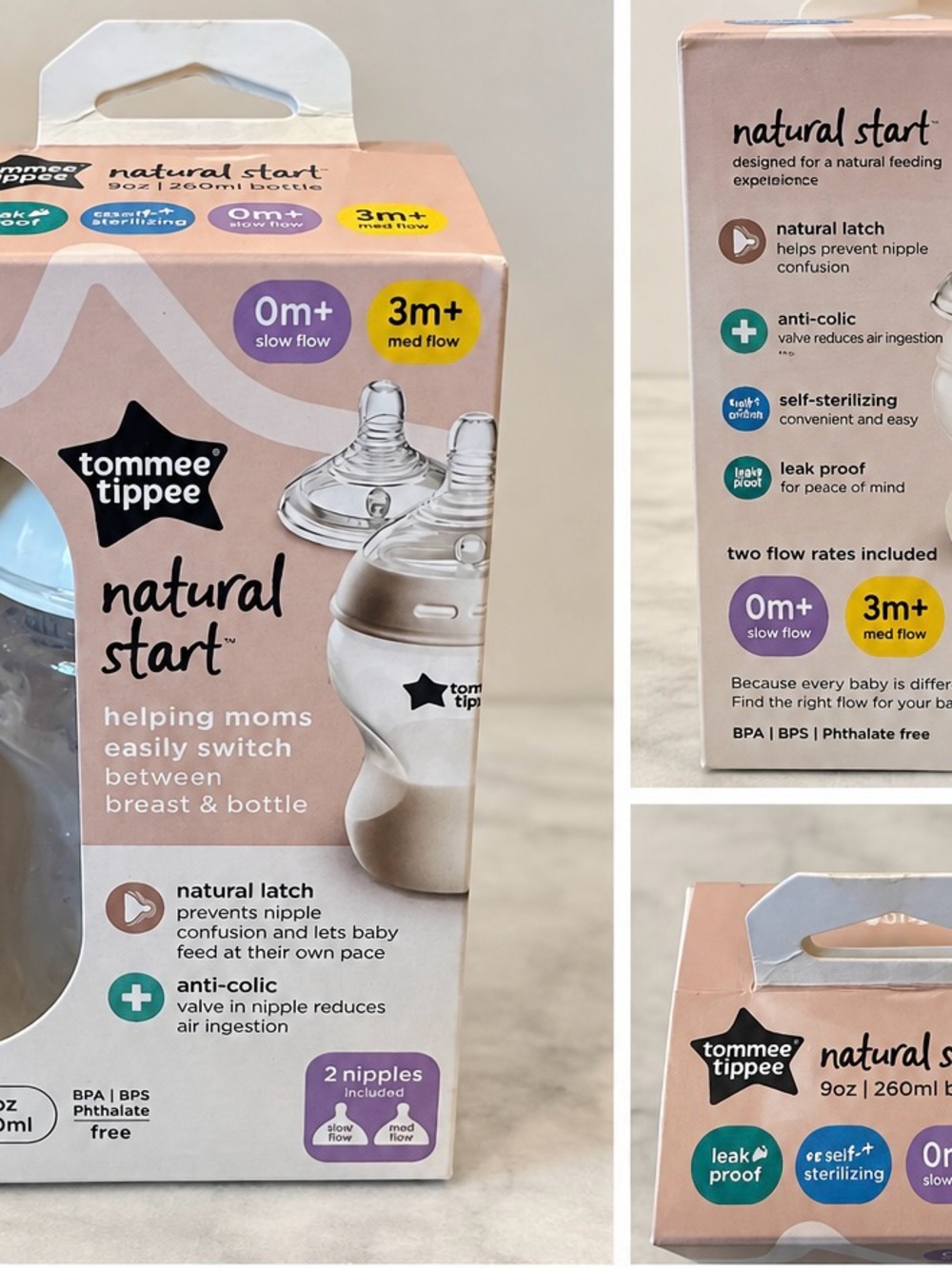 NEW Tommee Tippee Natural Start 9oz Baby Bottle 0m+ & 3m+ Nipples